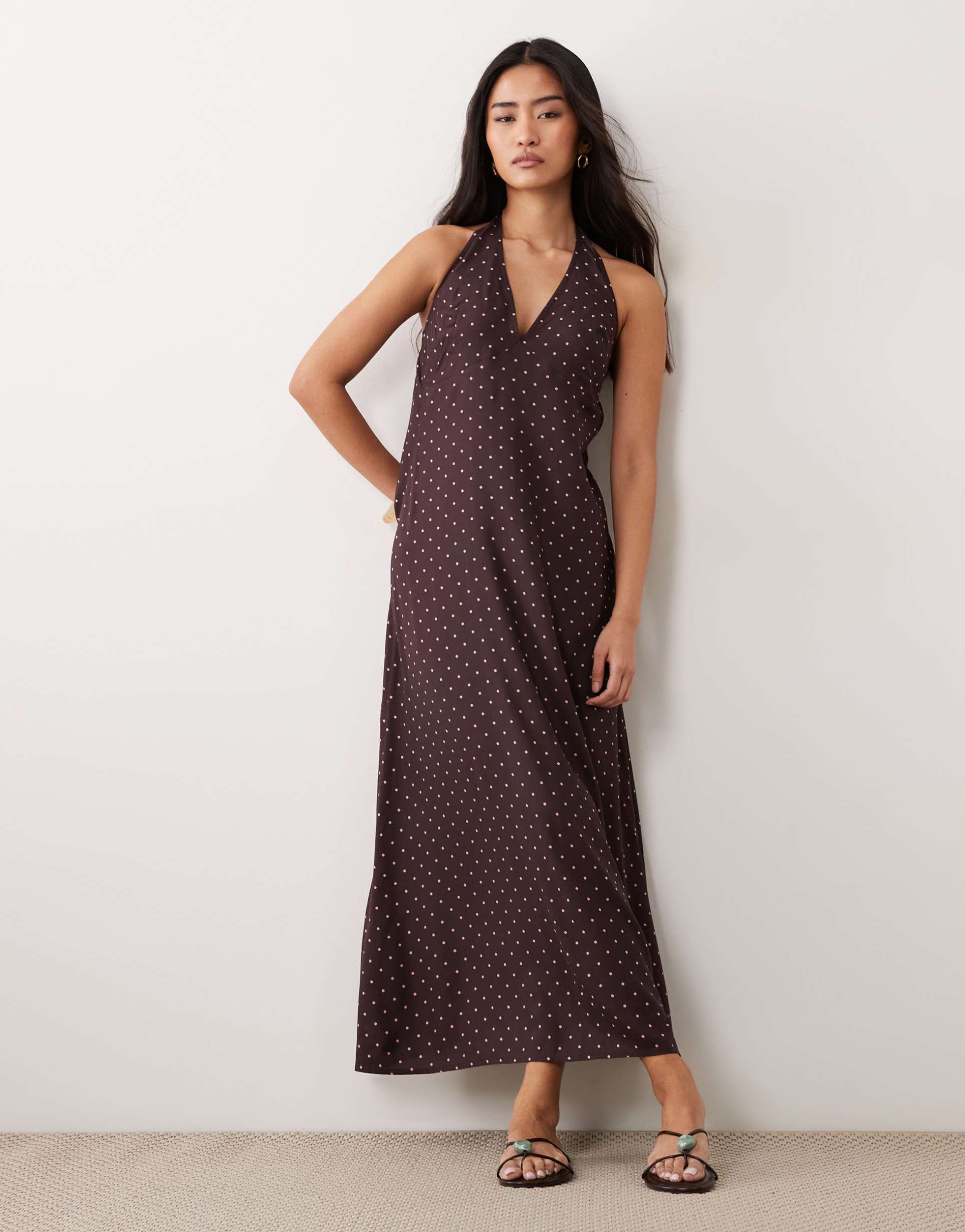 miss selfridge spun halter maxi dress in polka dot