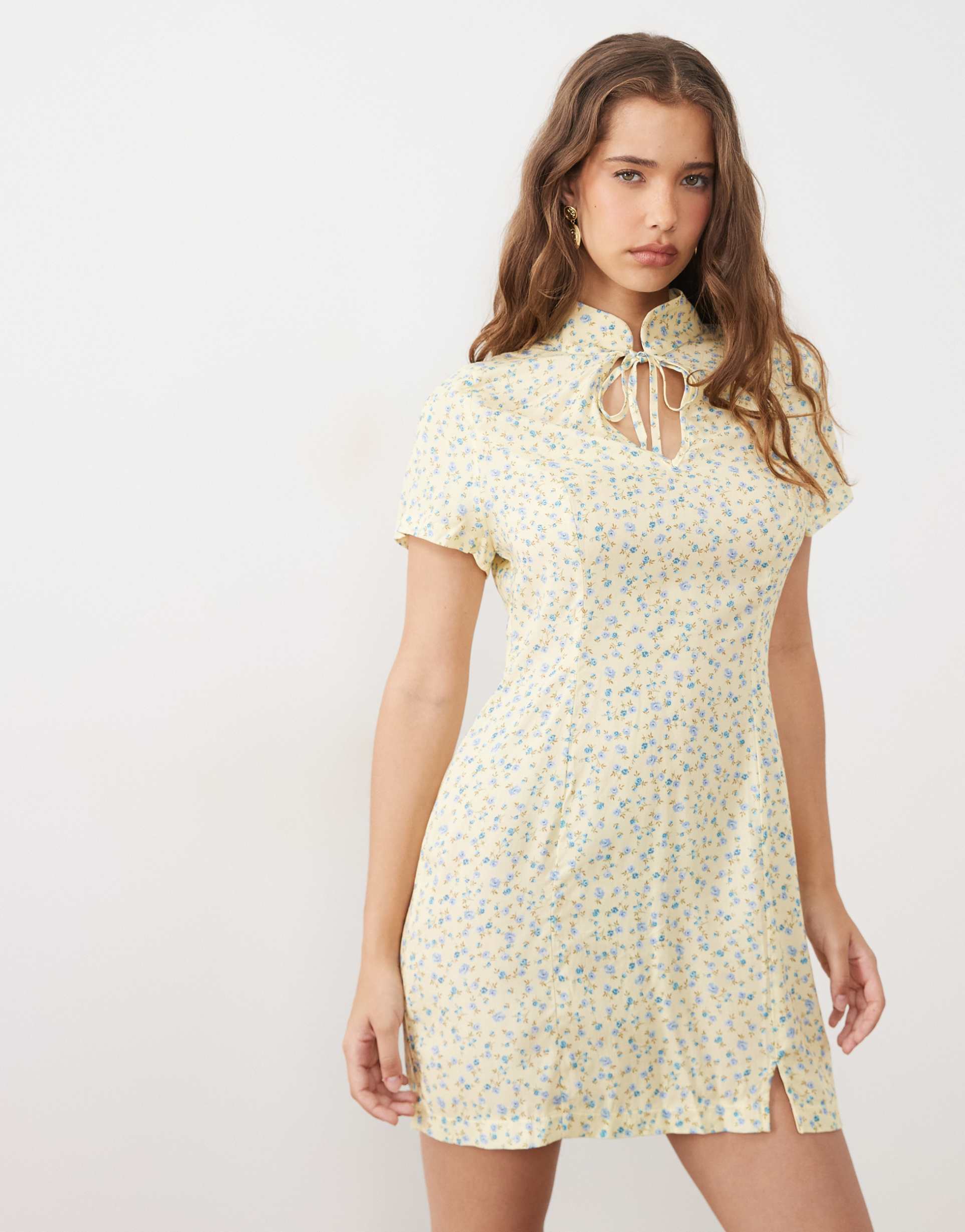 miss selfridge spun mandarin mini dress in yellow ditsy
