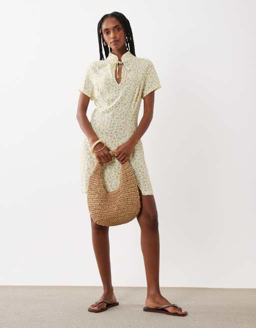 mandarin mini dress Black Mandarin Collar Petal Sleeve Mini Dress
