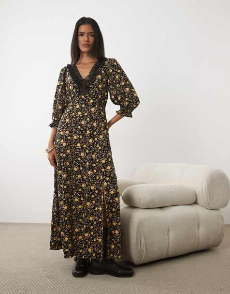 Miss Selfridge spun maxi tea dress with lace trim in dark floral - view 1