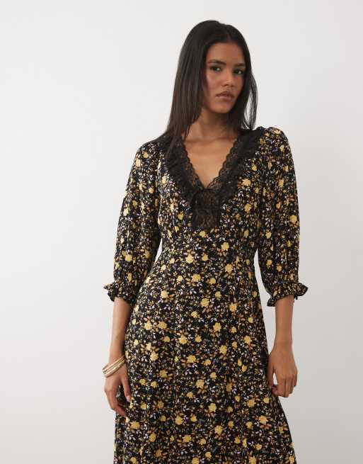 Miss Selfridge spun maxi tea dress with lace trim in dark floral, 2 of 4