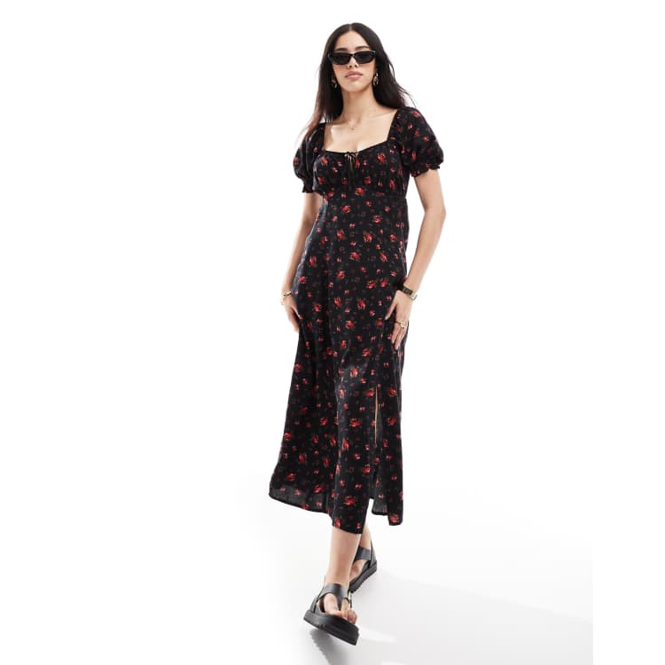 Miss Selfridge spun midaxi tea dress in black/rose print | ASOS