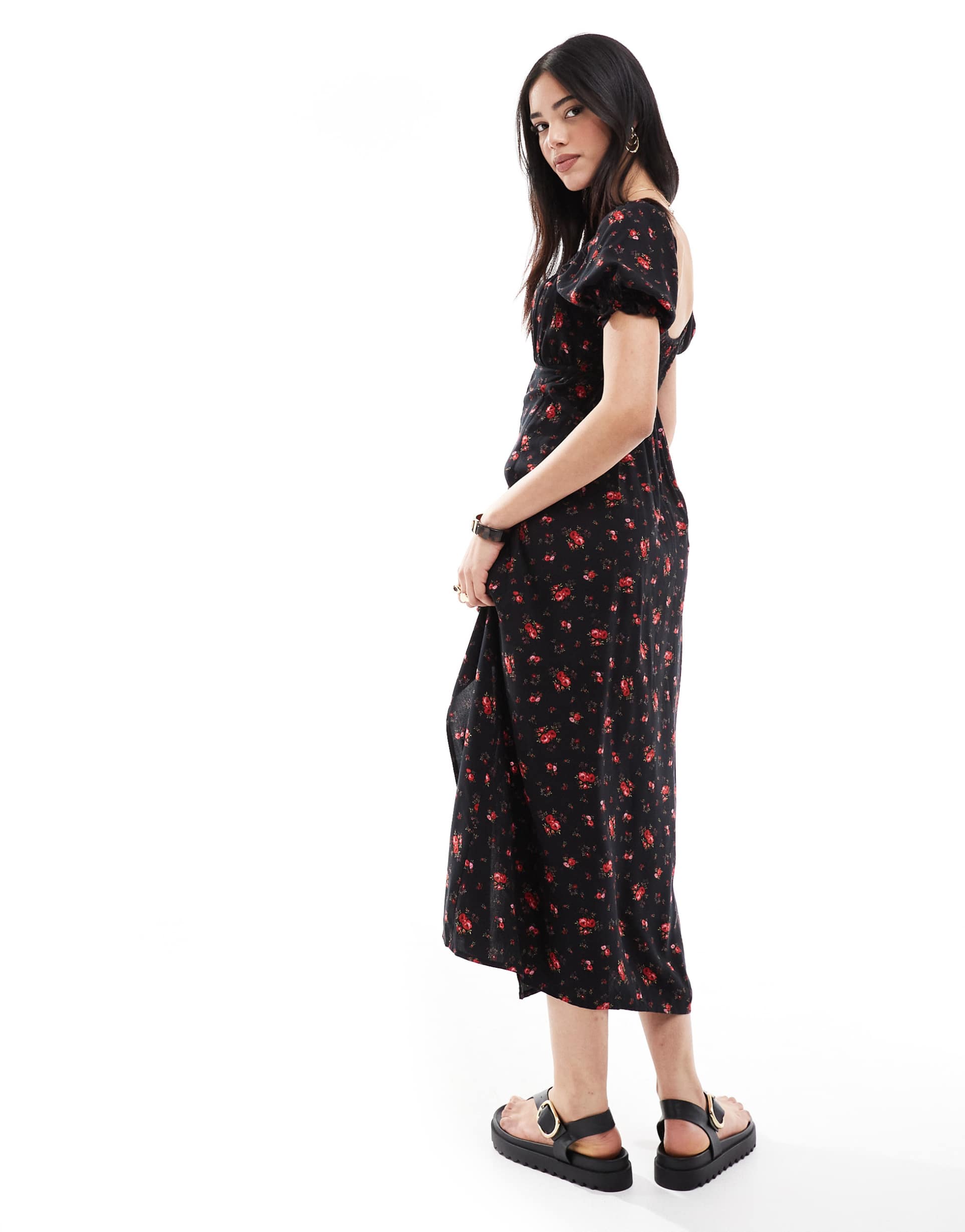 miss selfridge spun midaxi tea dress in black/rose print