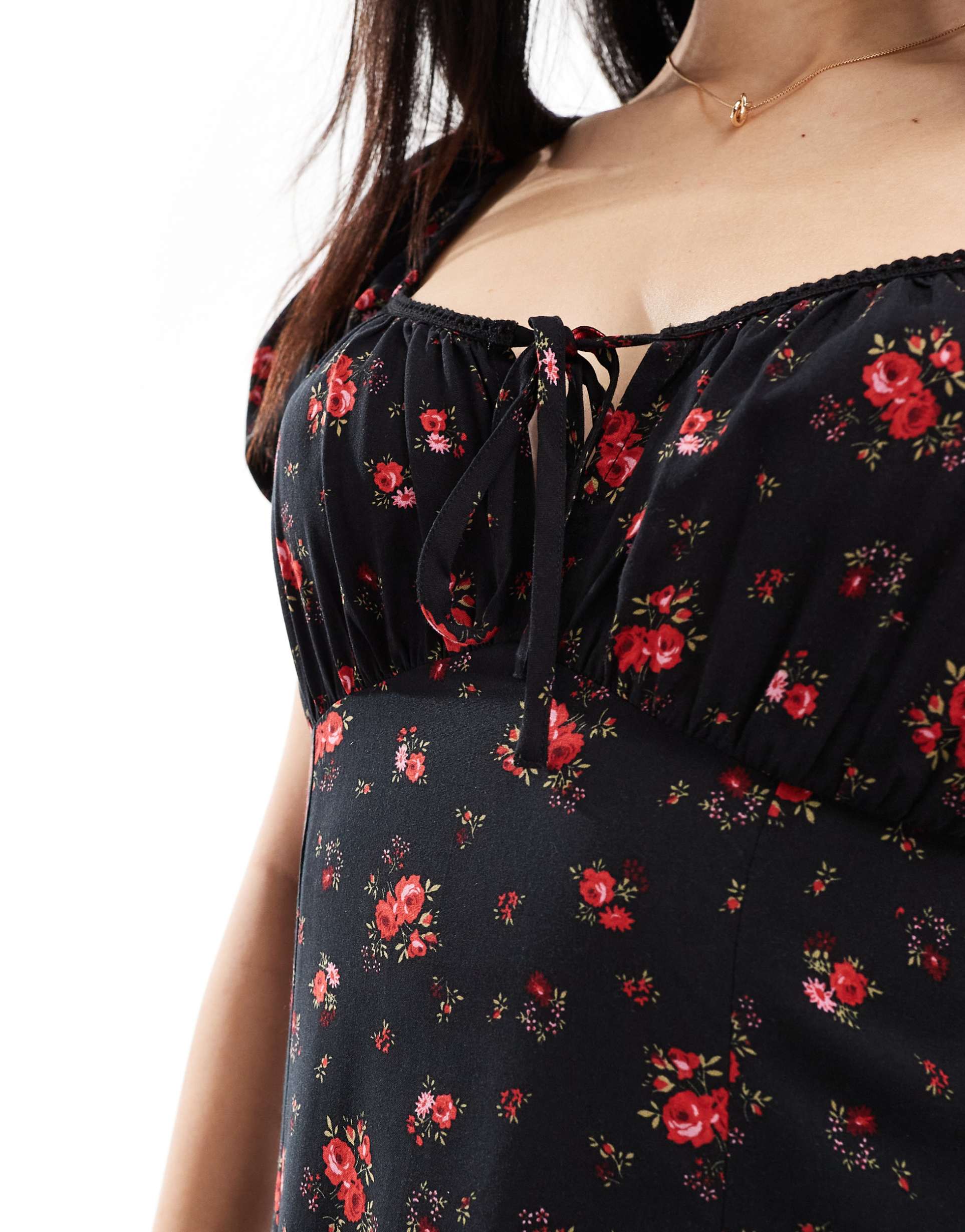 miss selfridge spun midaxi tea dress in black/rose print