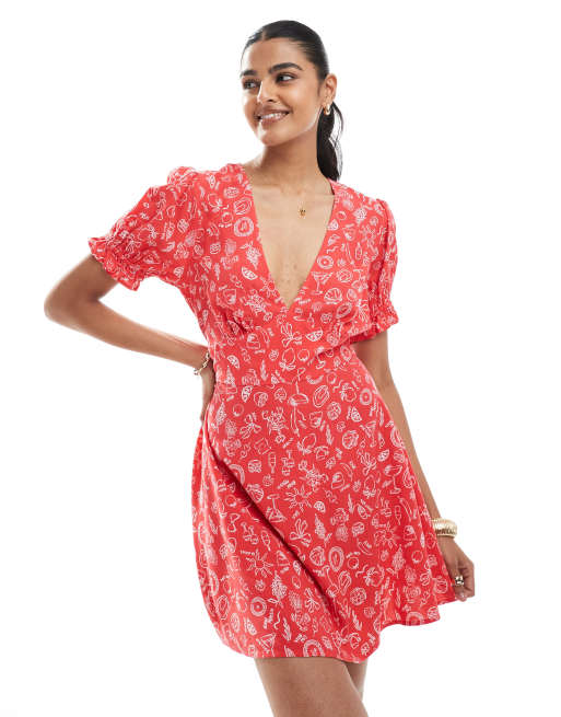 Miss Selfridge spun mini tea dress in red conversational print