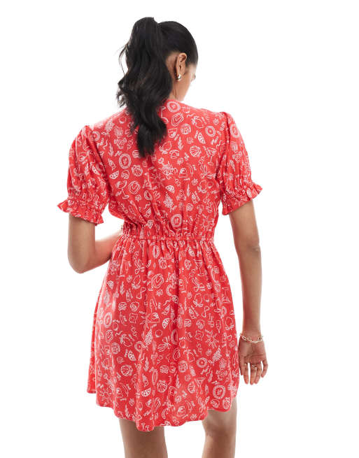 Miss Selfridge spun mini tea dress in red holiday print, 3 of 4