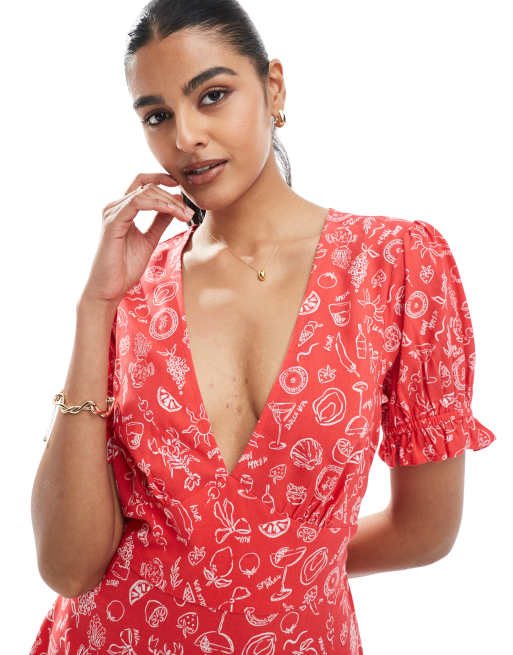 Miss Selfridge spun mini tea dress in red holiday print, 4 of 4