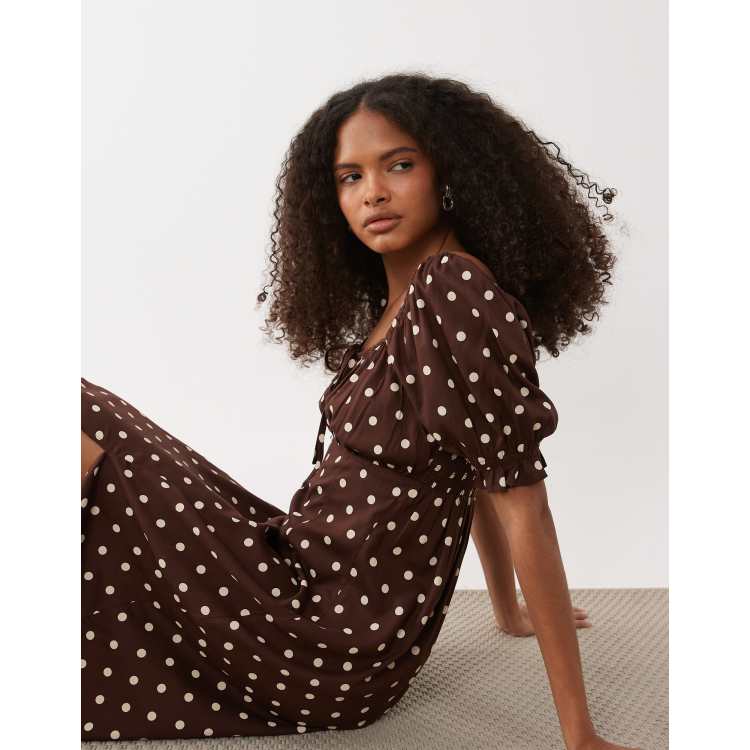 Miss Selfridge spun puff sleeve maxi dress in chocolate polka dots