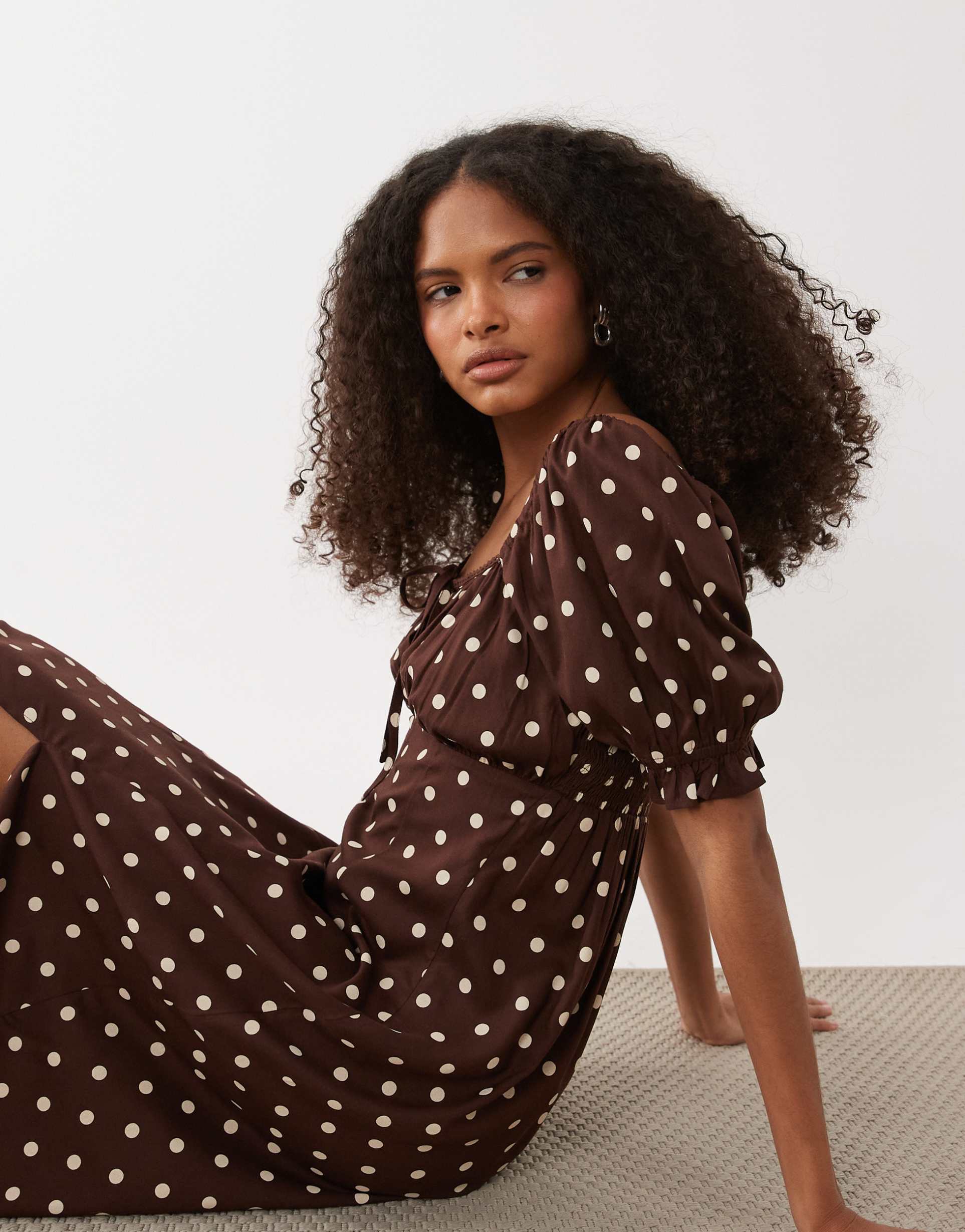 miss selfridge spun puff sleeve maxi dress in chocolate polka dots
