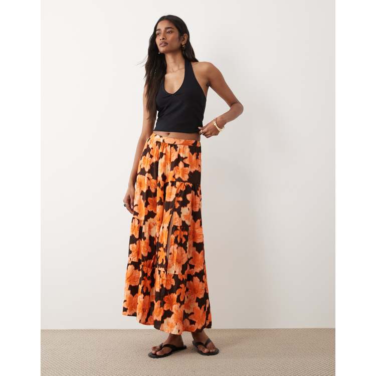 Miss Selfridge spun tiered maxi skirt in orange hibiscus print | ASOS