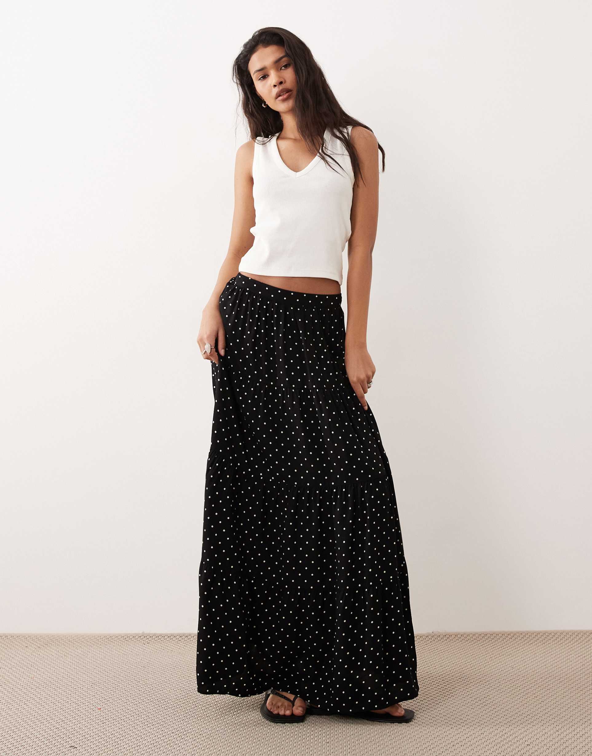 miss selfridge spun tiered maxi skirt in polka dot