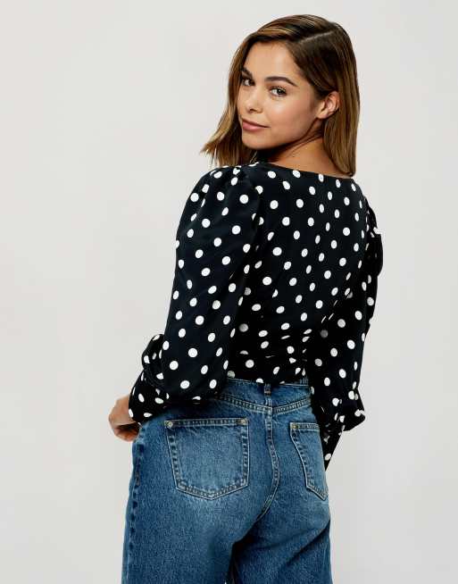 Miss Selfridge square neck blouse in black & white polkadot, 2 of 4