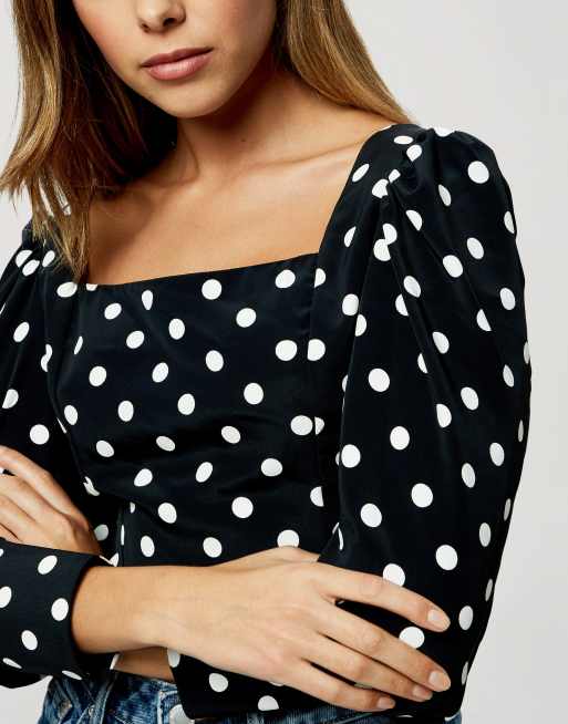 Miss Selfridge square neck blouse in black & white spot, 3 of 4