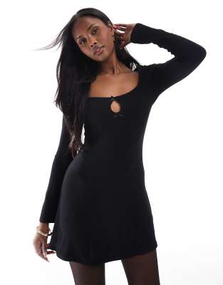 square neck bow detail fit and flare mini dress in black