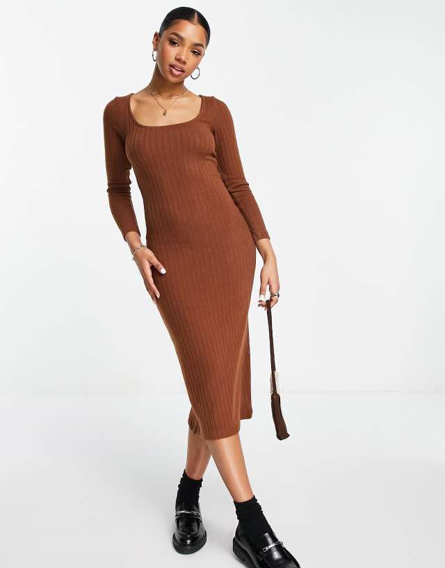 Miss Selfridge square neck brushed rib midi dress in chocolate