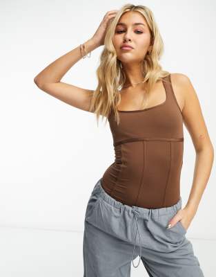 Miss Selfridge Square Neck Corset Bodysuit In Chocolate-brown