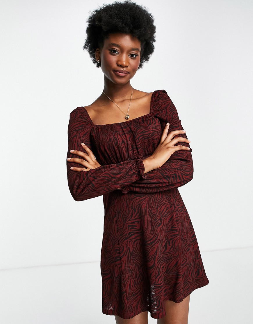 Miss Selfridge square neck fit & flare mini dress in zebra print-Brown