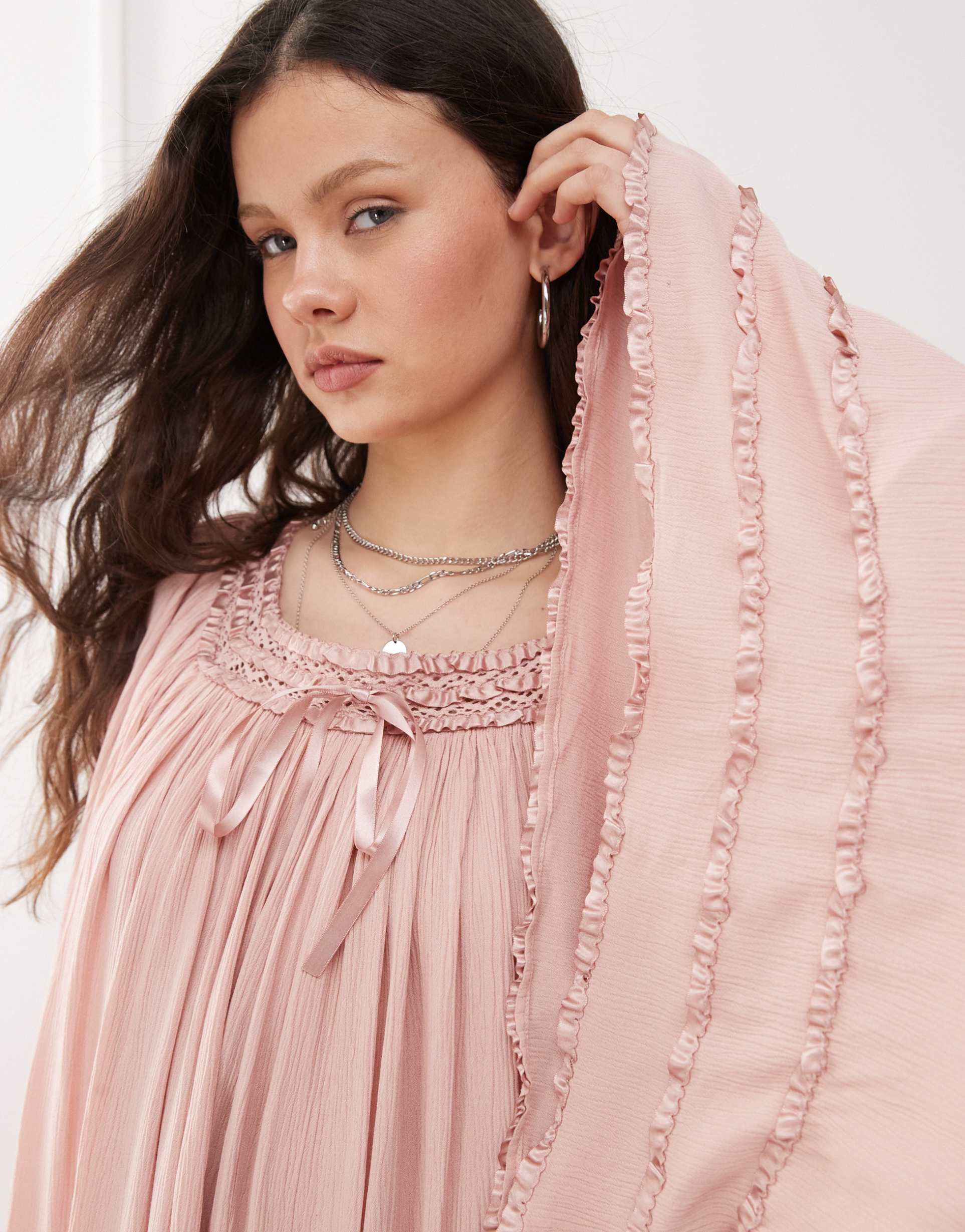 miss selfridge square neck flared sleeve mini dress in dusky pink