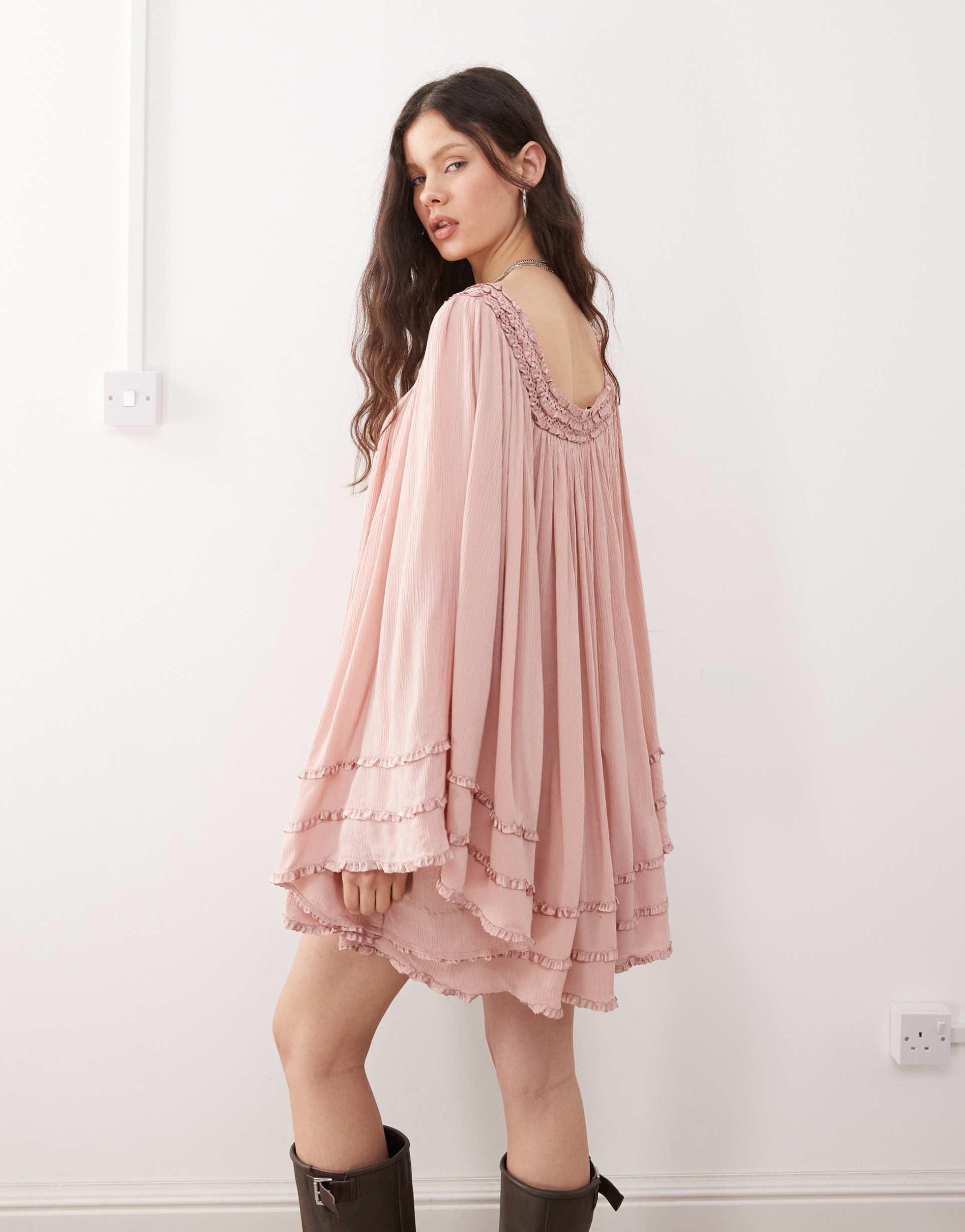 miss selfridge square neck flared sleeve mini dress in dusky pink