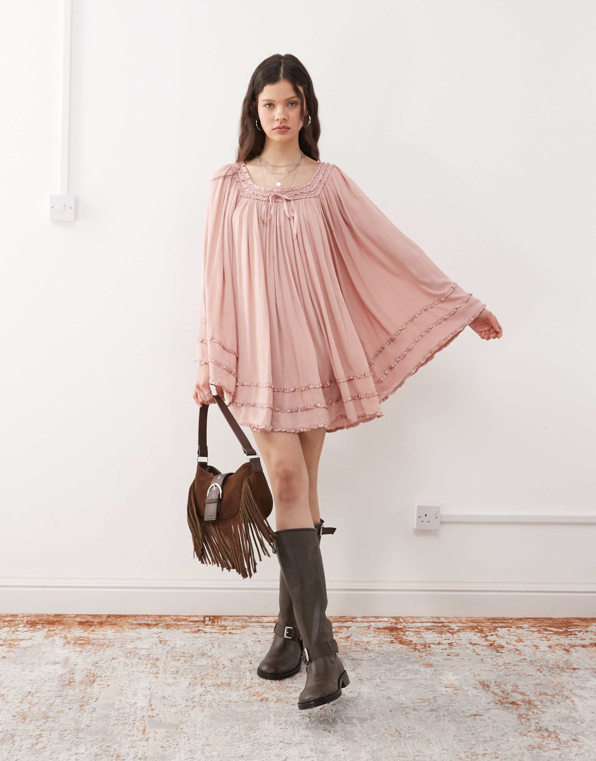 miss selfridge square neck flared sleeve mini dress in dusky pink