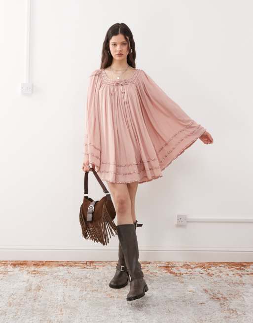 Miss Selfridge square neck flared sleeve mini dress in dusky pink