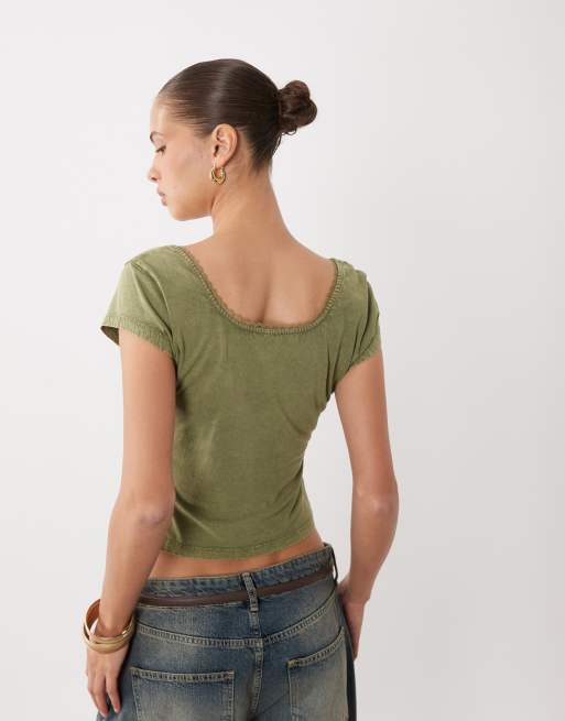 Miss Selfridge square neck henley top with embroidery detail in olive, 4 of 4
