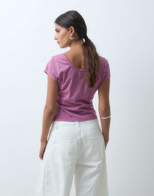 Miss Selfridge square neck henley top with embroidery detailing in mauve, 3 of 4