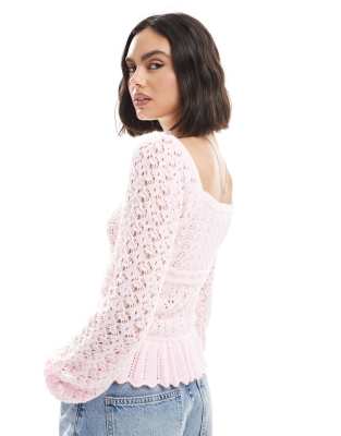 Miss Selfridge Square Neck Knit Eyelet Peplum Top In Yellow