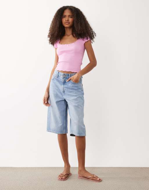 Miss Selfridge square neck lace trim short sleeve top in pink, 2 of 4