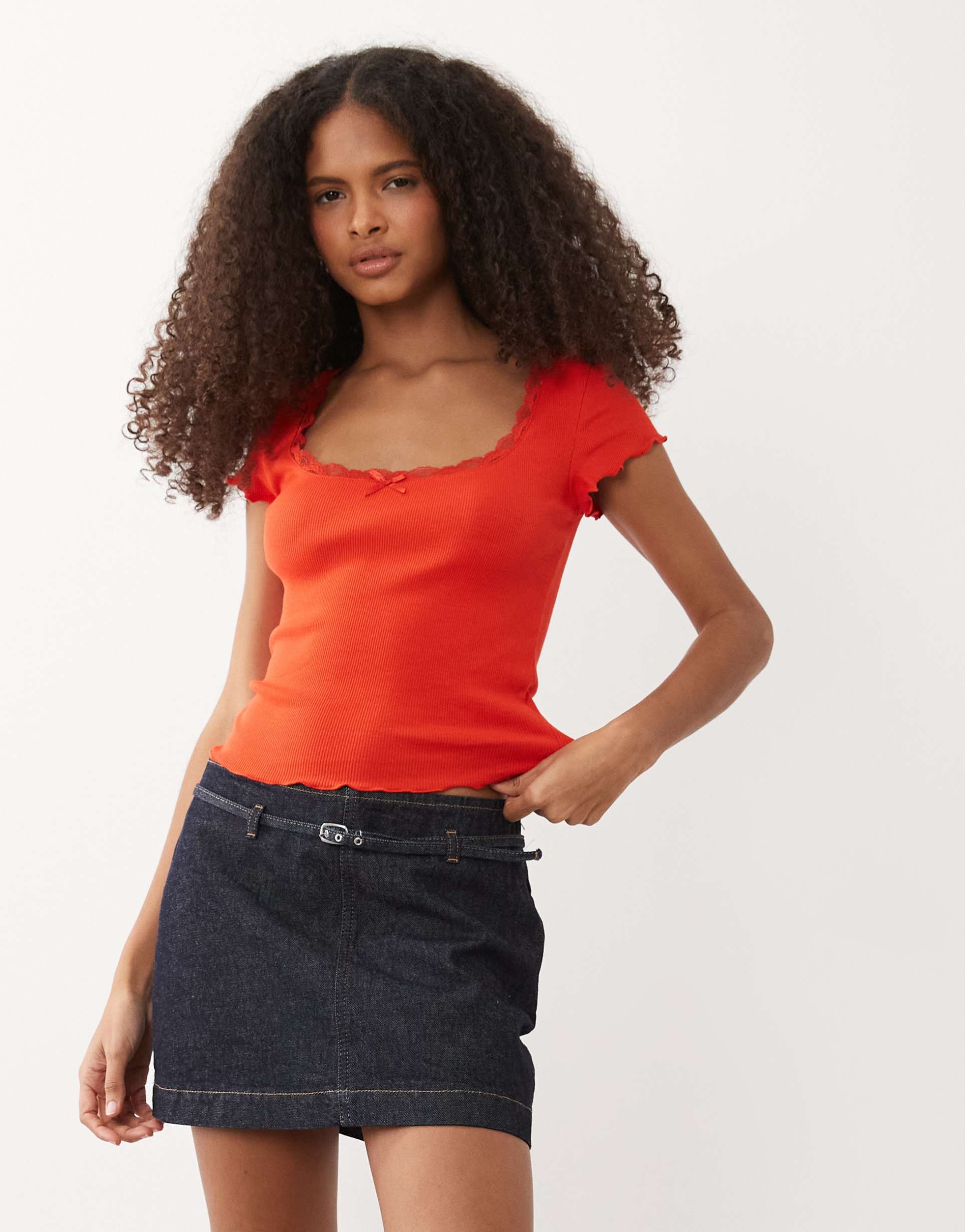 miss selfridge square neck lace trim short sleeve top in red