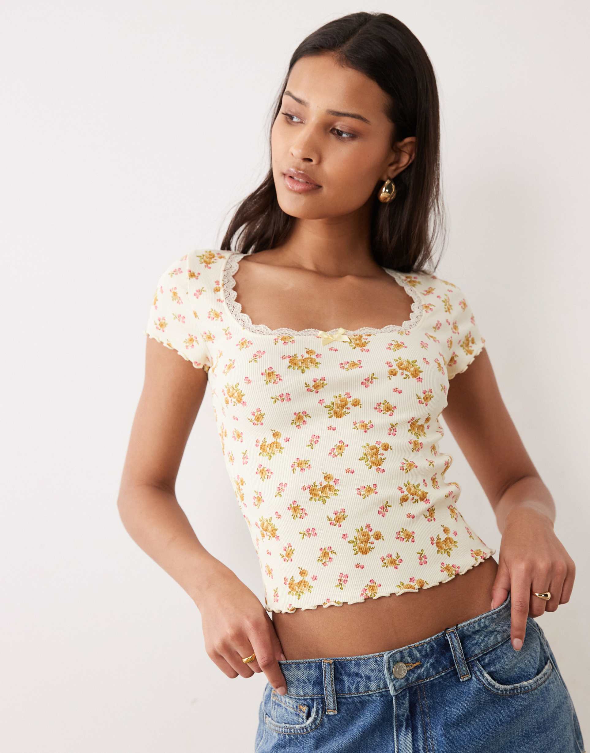 miss selfridge square neck lace trim short sleeve top in yellow floral print