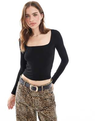 miss selfridge square neck long sleeve top in black