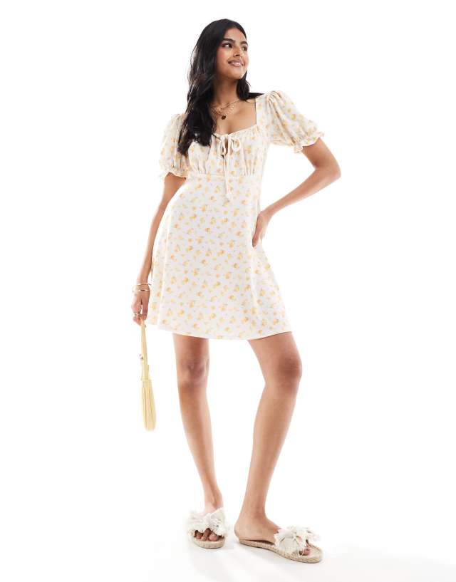 Miss Selfridge square neck mini tea dress in lemon print | ASOS