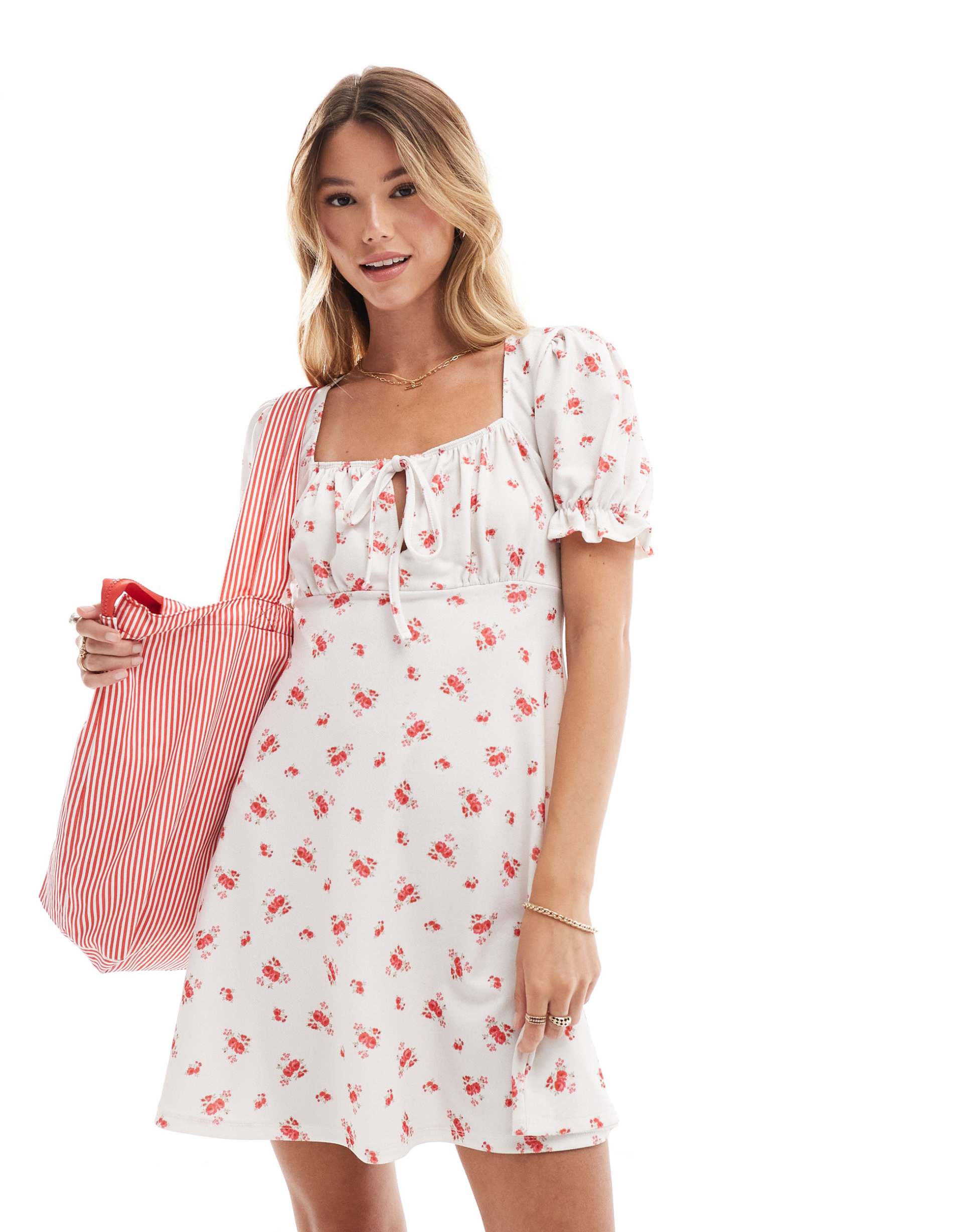 miss selfridge square neck mini tea dress with puff sleeves in floral print