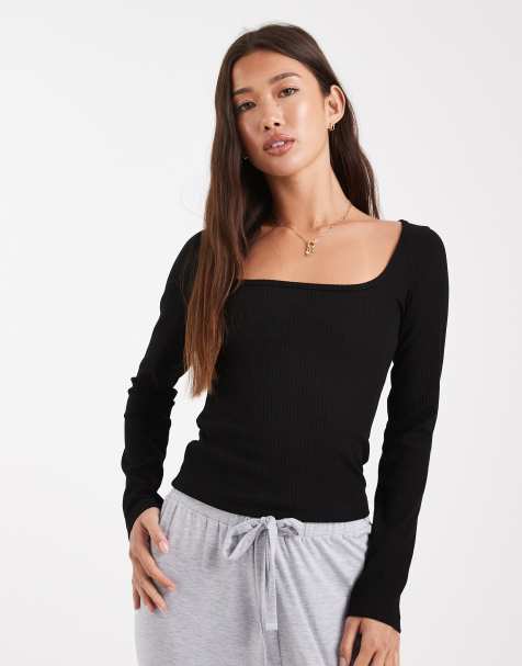 Miss Selfridge square neck rib long sleeve top in black - view 1
