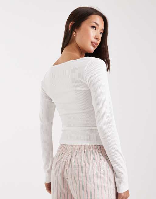 Miss Selfridge square neck rib long sleeve top in cream, 4 of 4