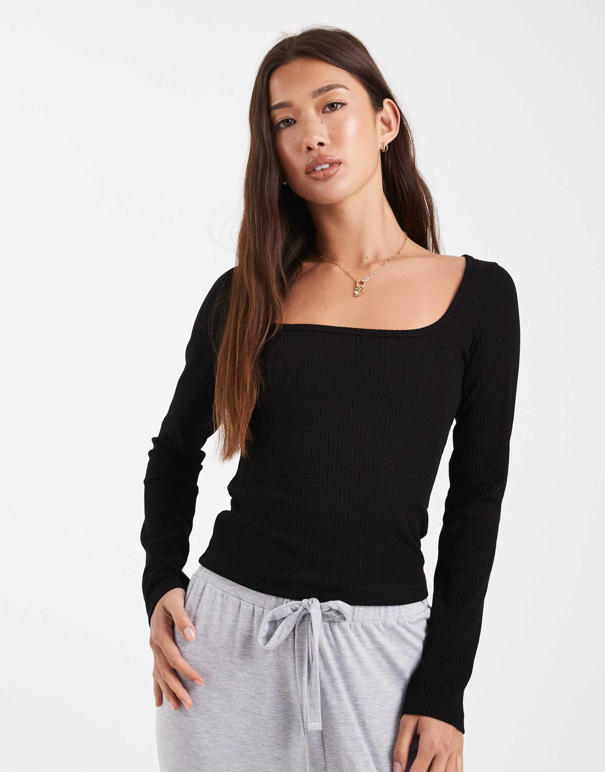 miss selfridge square neck ribbed long sleeve top in black