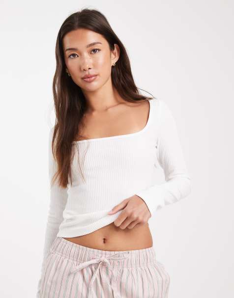 Miss Selfridge square neck ribbed long sleeve top in cream - view 1