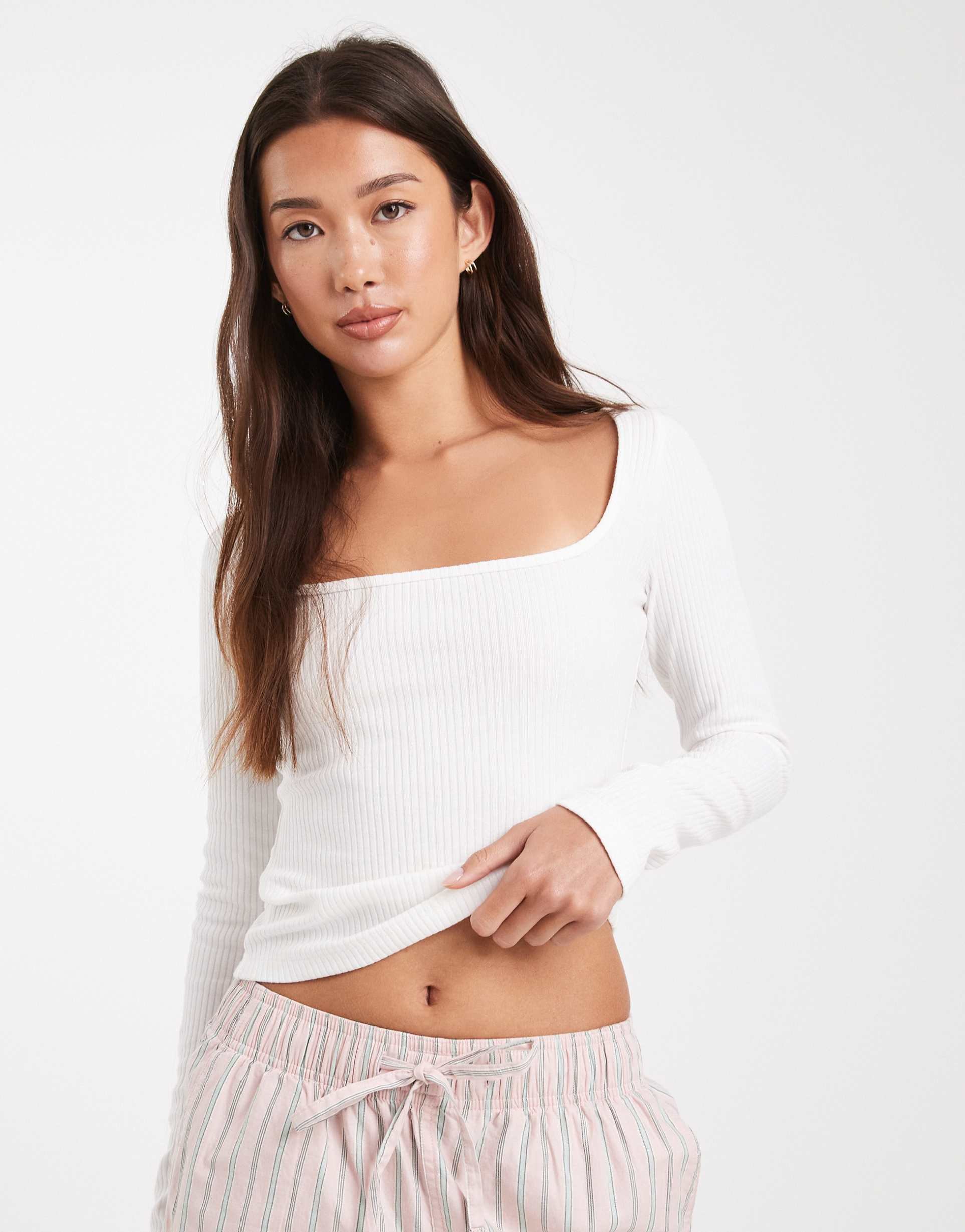 miss selfridge square neck ribbed long sleeve top in cream