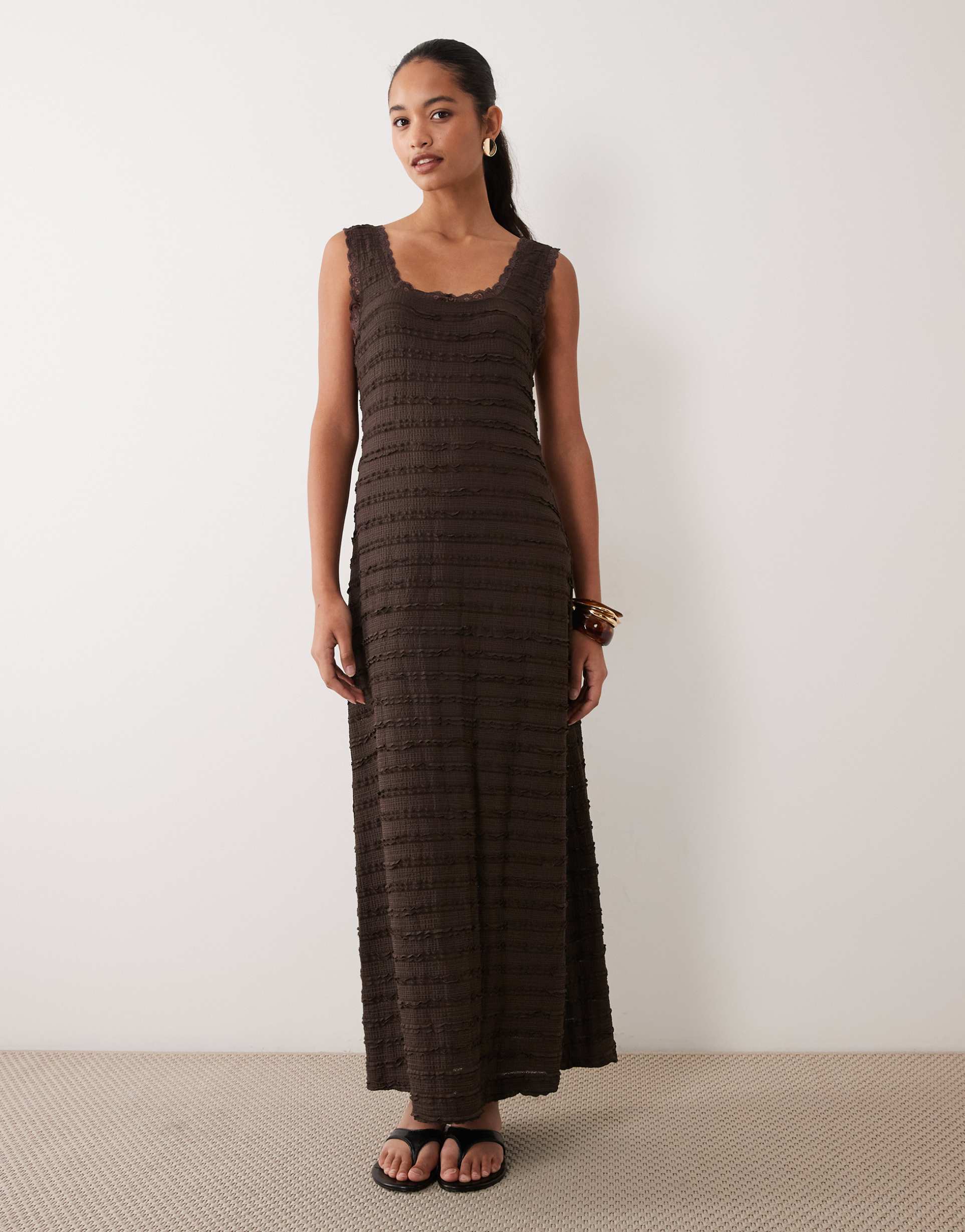 miss selfridge square neck textured maxi dress in chocolate