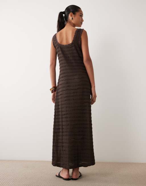Miss Selfridge square neck textured maxi dress in chocolate, 4 of 4