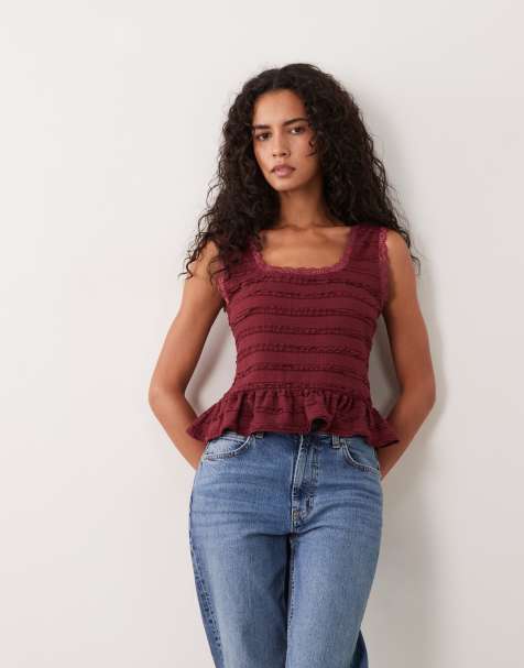 Miss Selfridge square neck textured top with peplum hem in pink - view 1