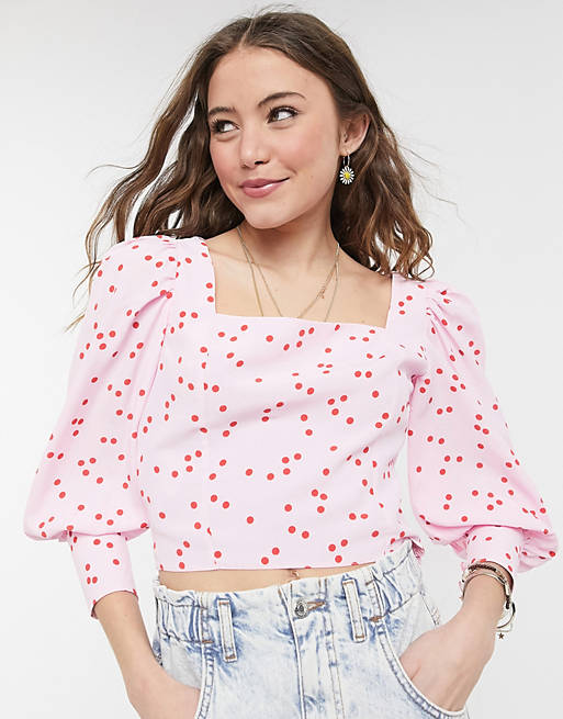 Women Miss Selfridge square neck top with puff sleeves in red polka dot 