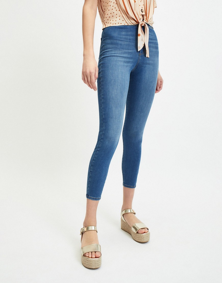 Miss Selfridge Steffi short super high waist skinny jeans in midwash blue-Blues