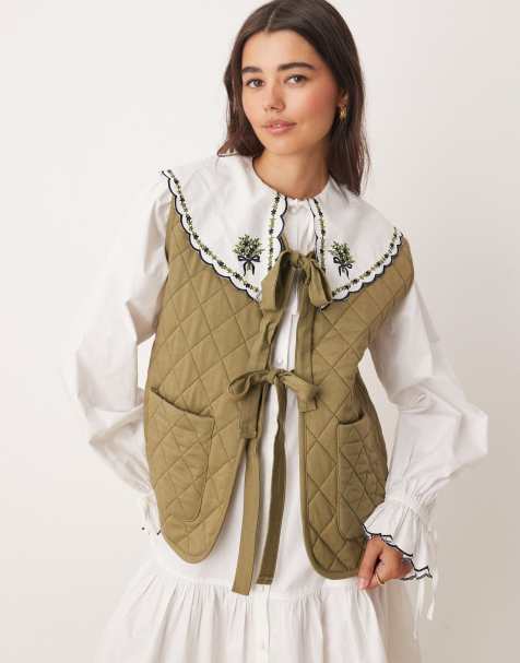 Miss Selfridge – Steppweste in Olivgrün mit Bindedetails - view 1