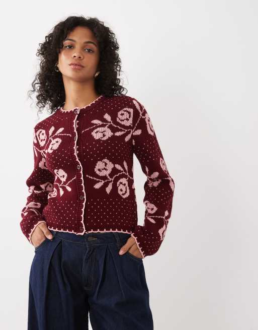 Miss Selfridge stickad kofta med blanket stitch, blommor och prickar i bordeaux, 2 av 4