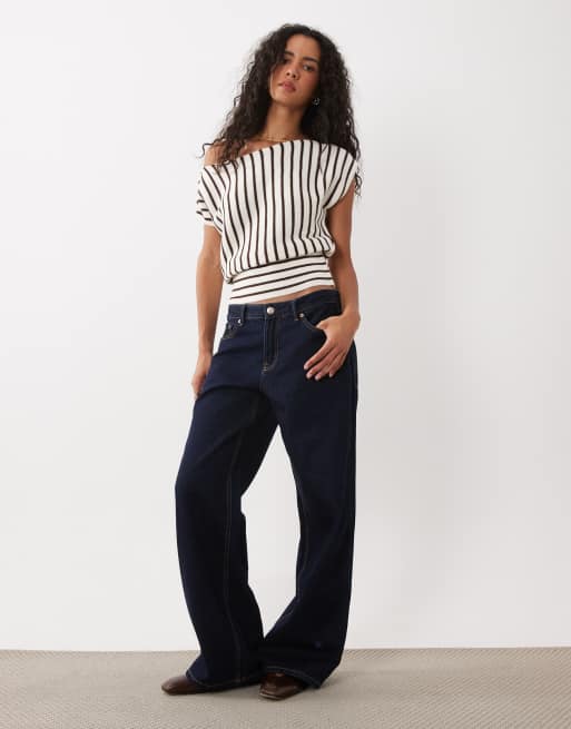 Miss Selfridge stickad topp med bara axlar i krämvitt och bruna ränder, 2 av 4