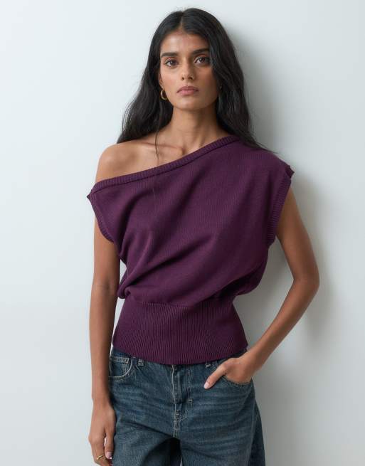 Miss Selfridge stickad topp med bara axlar i lila, 2 av 5