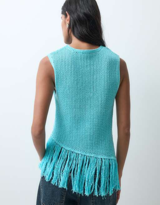 Miss Selfridge stickad topp med fransar i teal, 4 av 5