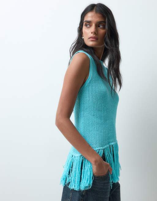 Miss Selfridge stickad topp med fransar i teal, 5 av 5